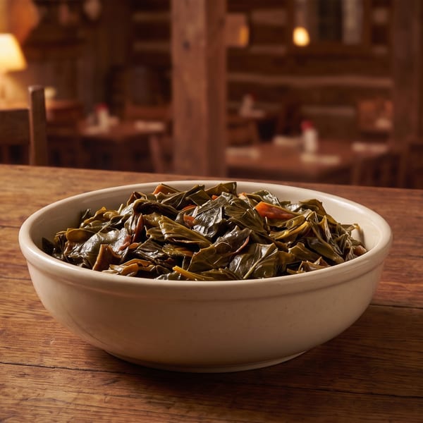A bowl of collard greens on a rustic wooden table in a warm, dimly lit restaurant.