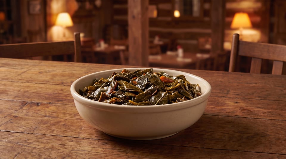 A bowl of collard greens on a rustic wooden table in a warm, dimly lit restaurant.