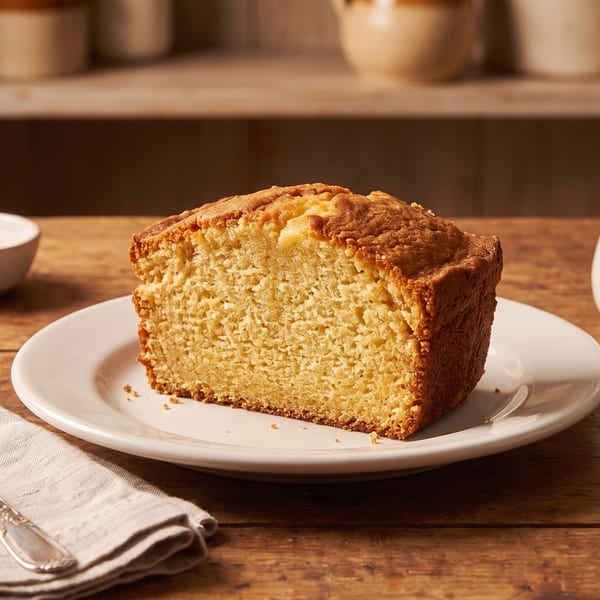 Golden pound cake slice on a white plate with a fork, napkin, and cream on a wooden table.