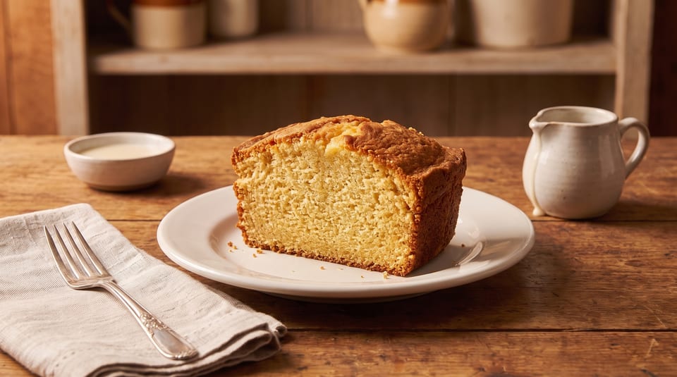 Golden pound cake slice on a white plate with a fork, napkin, and cream on a wooden table.