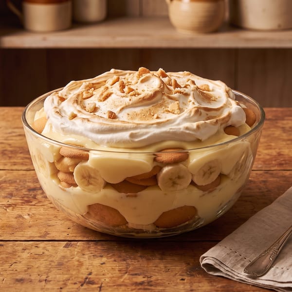 Banana pudding in a glass bowl with meringue and cookie crumbles on a wooden table.