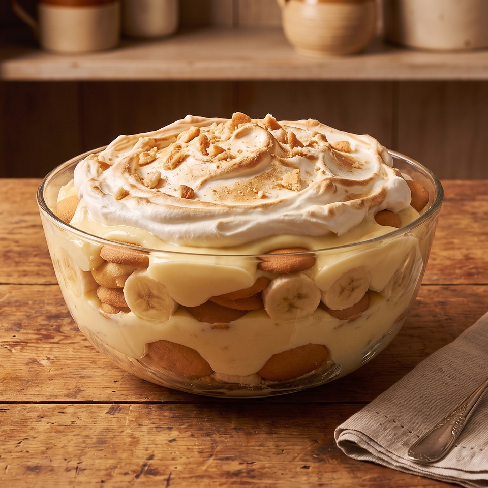 Banana pudding in a glass bowl with meringue and cookie crumbles on a wooden table.