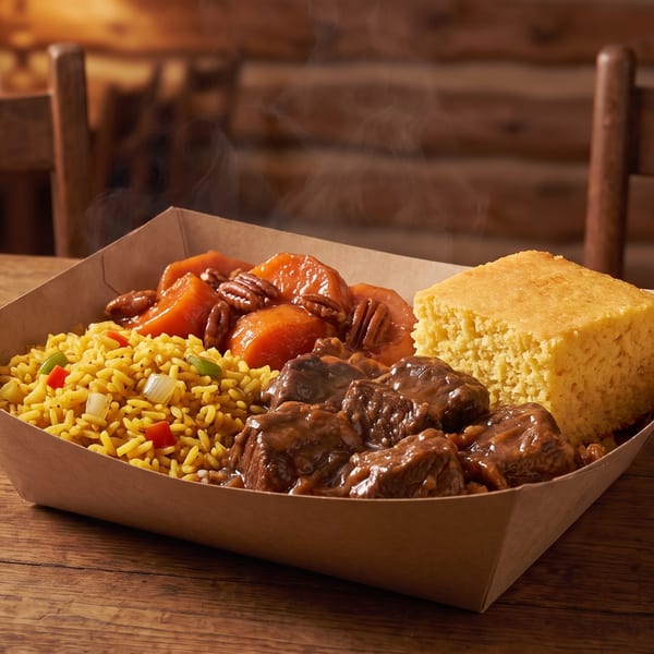 Steaming beef tips, yellow rice, candied yams with pecans, and cornbread in a paper tray on a wooden table.