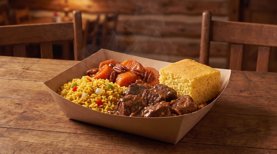 Steaming beef tips, yellow rice, candied yams with pecans, and cornbread in a paper tray on a wooden table.