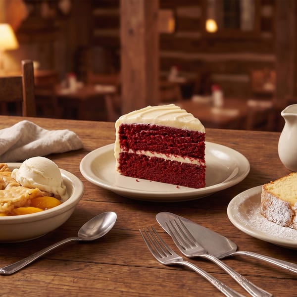 Peach cobbler with ice cream, red velvet cake, and pound cake with milk on a wooden table.