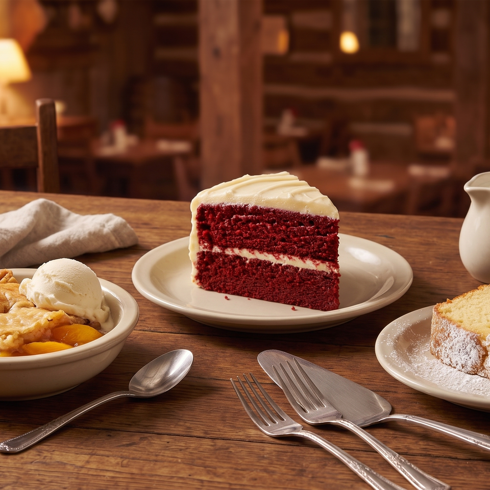Peach cobbler with ice cream, red velvet cake, and pound cake with milk on a wooden table.