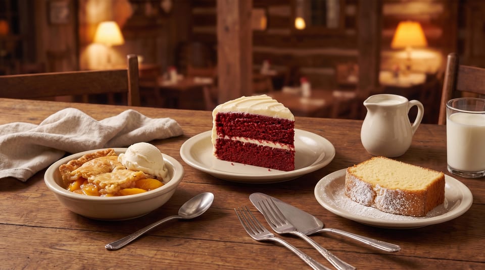 Peach cobbler with ice cream, red velvet cake, and pound cake with milk on a wooden table.