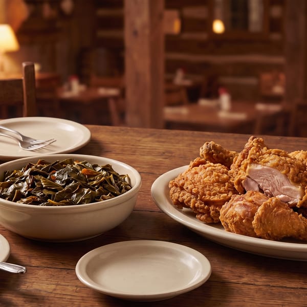 Fried chicken, collard greens, and cornbread on a rustic wooden table in a restaurant.