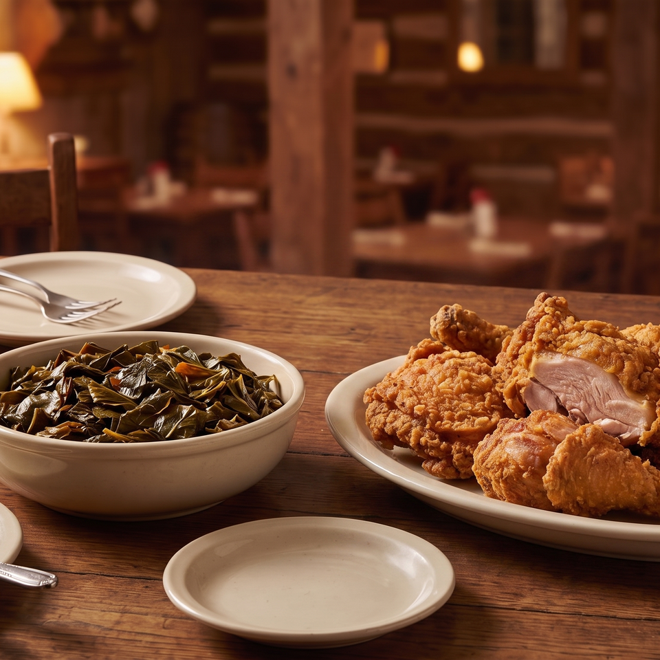 Fried chicken, collard greens, and cornbread on a rustic wooden table in a restaurant.