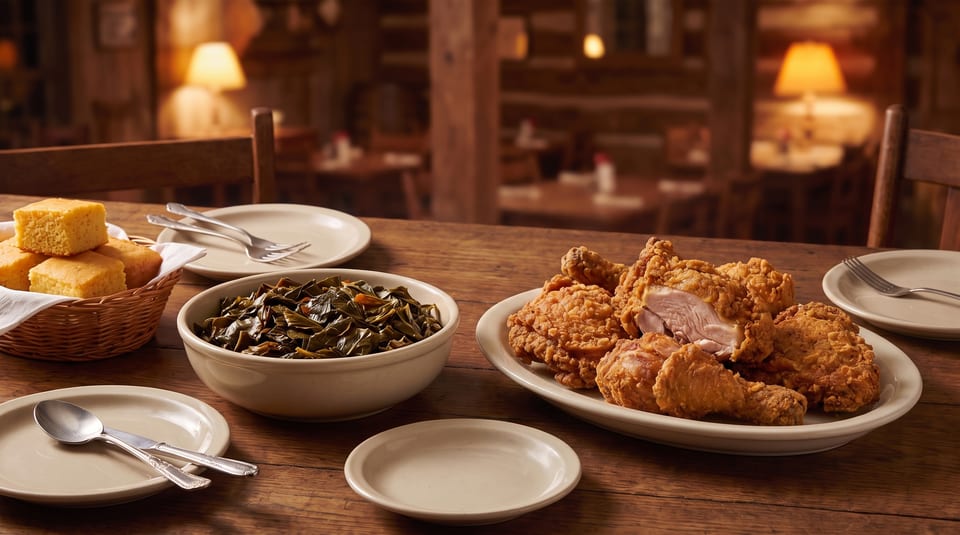 Fried chicken, collard greens, and cornbread on a rustic wooden table in a restaurant.