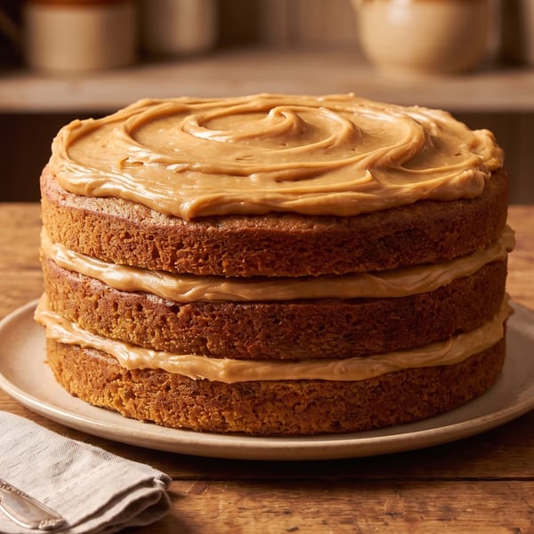 Three-layer cake with light brown frosting on a white plate, with a fork and napkin.