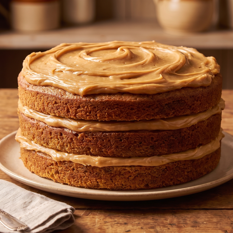 Three-layer cake with light brown frosting on a white plate, with a fork and napkin.