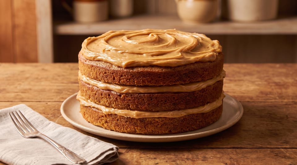 Three-layer cake with light brown frosting on a white plate, with a fork and napkin.