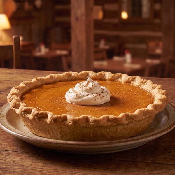 Whole pumpkin pie with whipped cream and cinnamon on a rustic wooden table in a restaurant.