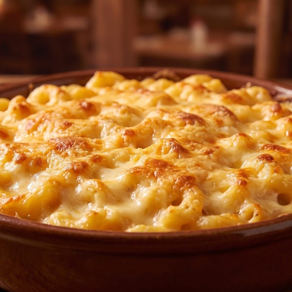 Baked macaroni and cheese with a golden-brown crust in a rustic brown dish on a wooden table.
