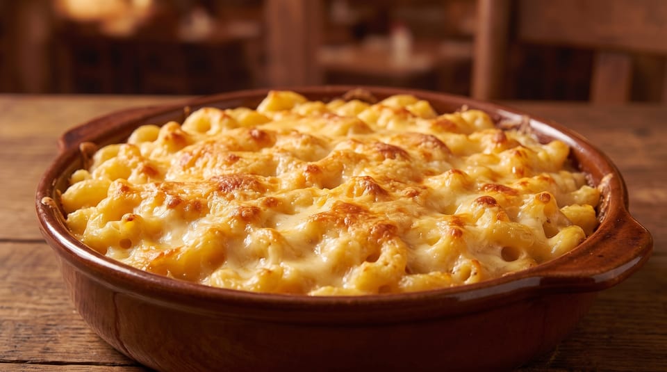 Baked macaroni and cheese with a golden-brown crust in a rustic brown dish on a wooden table.