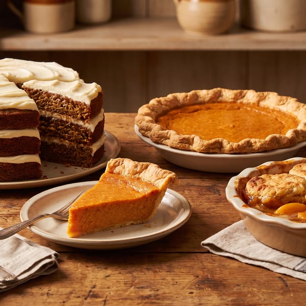 A carrot cake, pumpkin pie, and peach cobbler on a rustic wooden table.