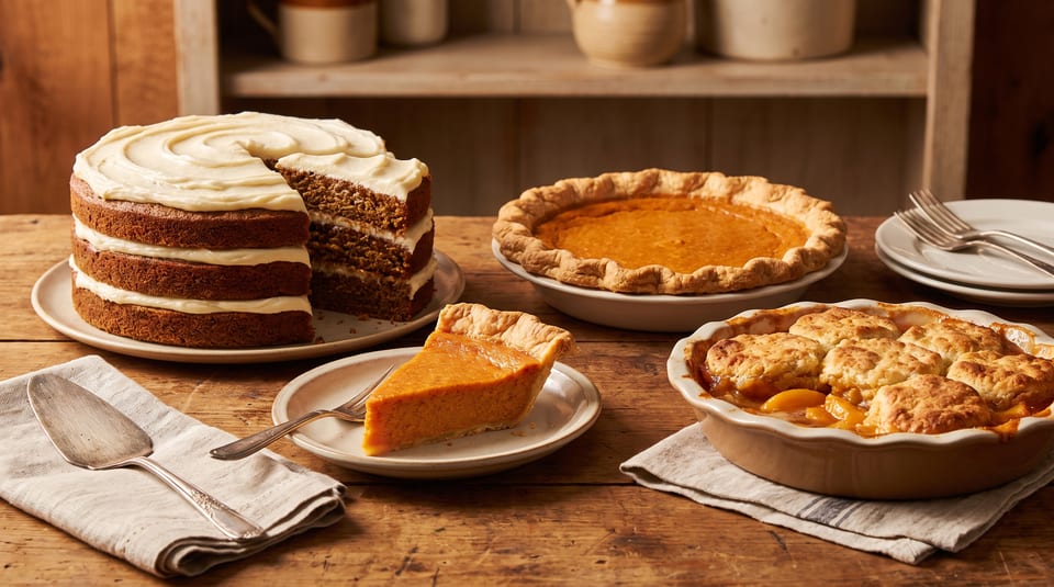 A carrot cake, pumpkin pie, and peach cobbler on a rustic wooden table.