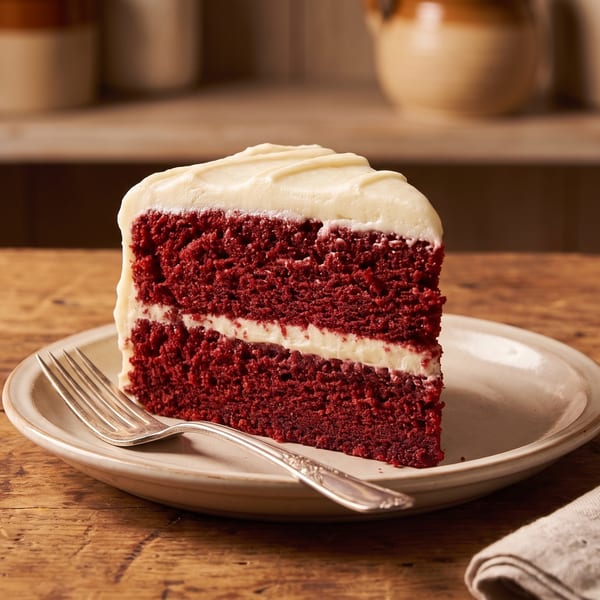 A slice of red velvet cake with cream cheese frosting on a plate with a fork and napkin.